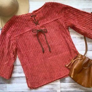Vintage 60s 70s Rust Red Orange Corduroy Bell Sleeve Tie Neck Boho Top Medium